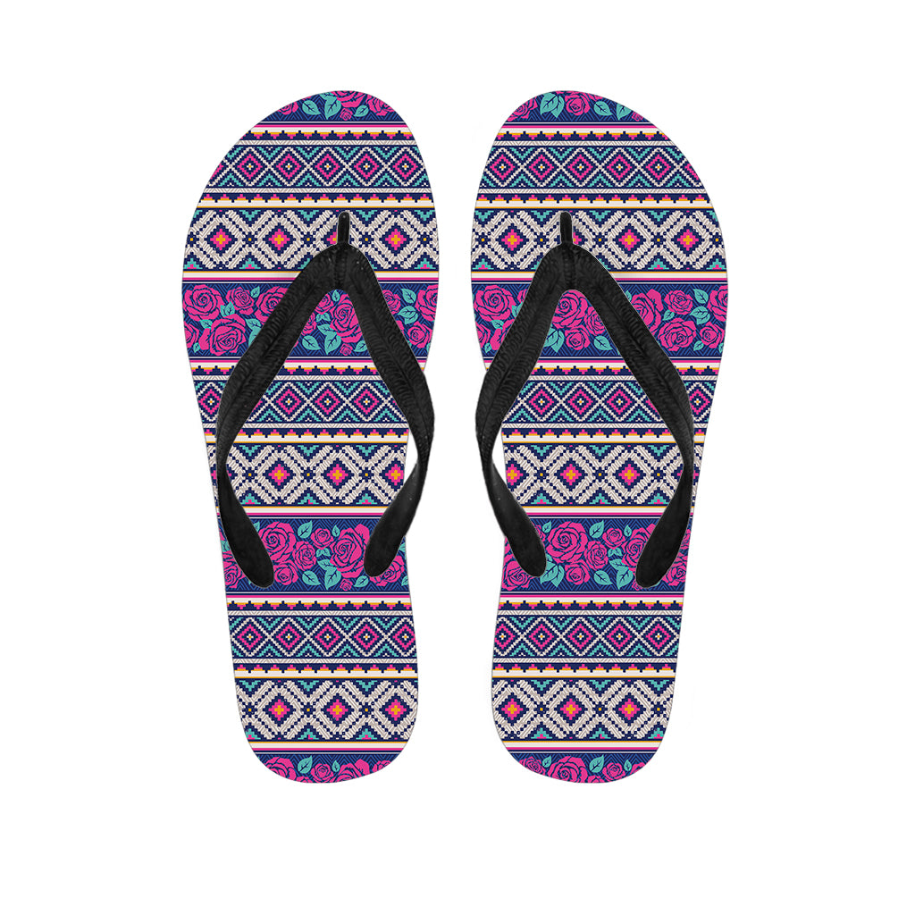 Native Tribal Ethnic Rose Pattern Print Flip Flops