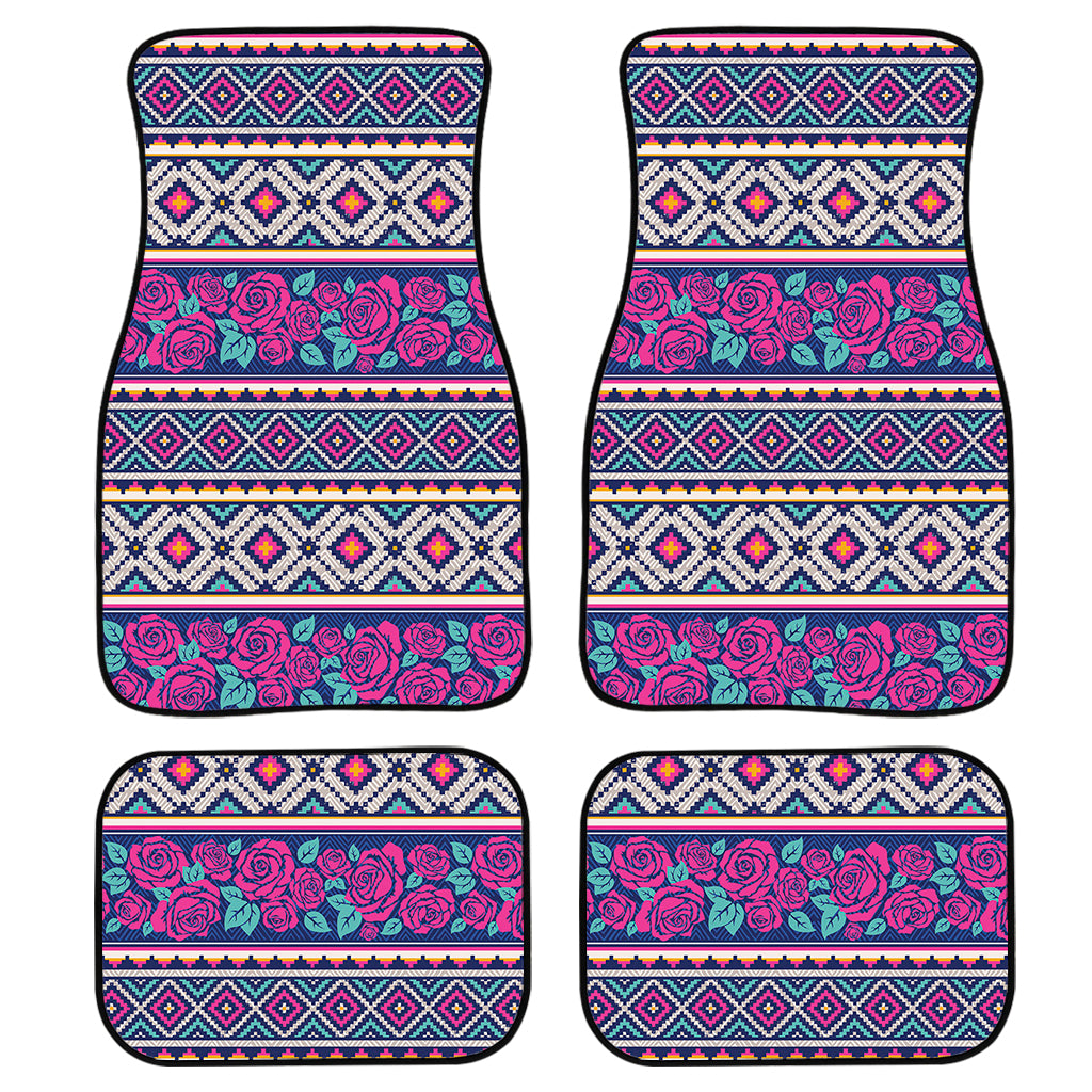 Native Tribal Ethnic Rose Pattern Print Front and Back Car Floor Mats