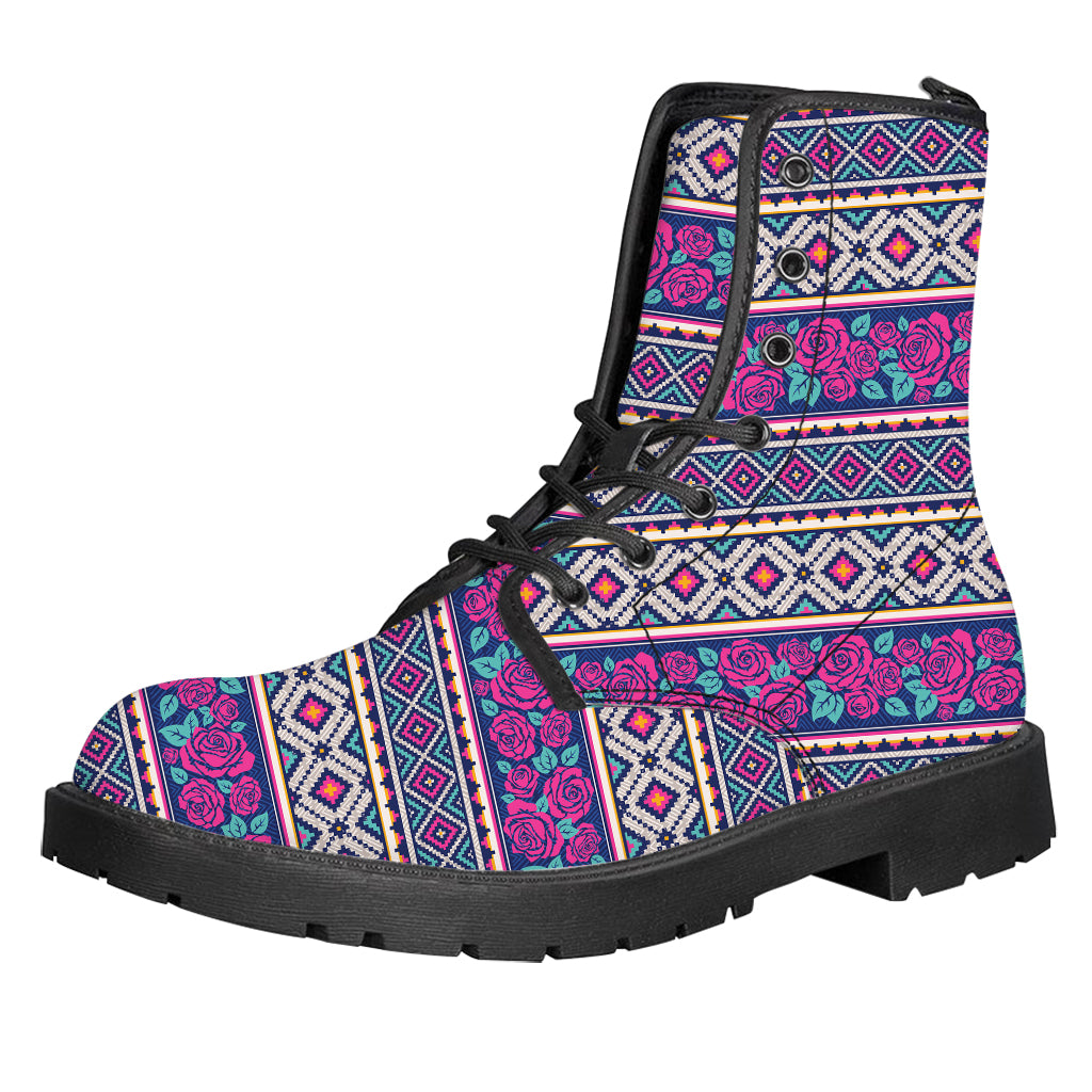 Native Tribal Ethnic Rose Pattern Print Leather Boots