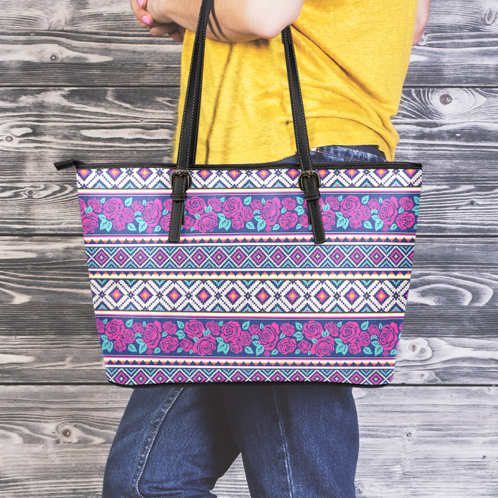 Native Tribal Ethnic Rose Pattern Print Leather Tote Bag