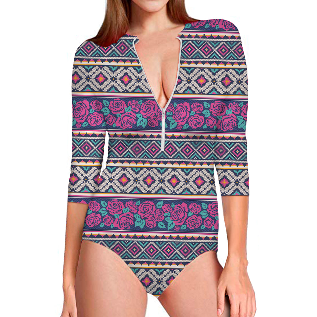 Native Tribal Ethnic Rose Pattern Print Long Sleeve One Piece Swimsuit