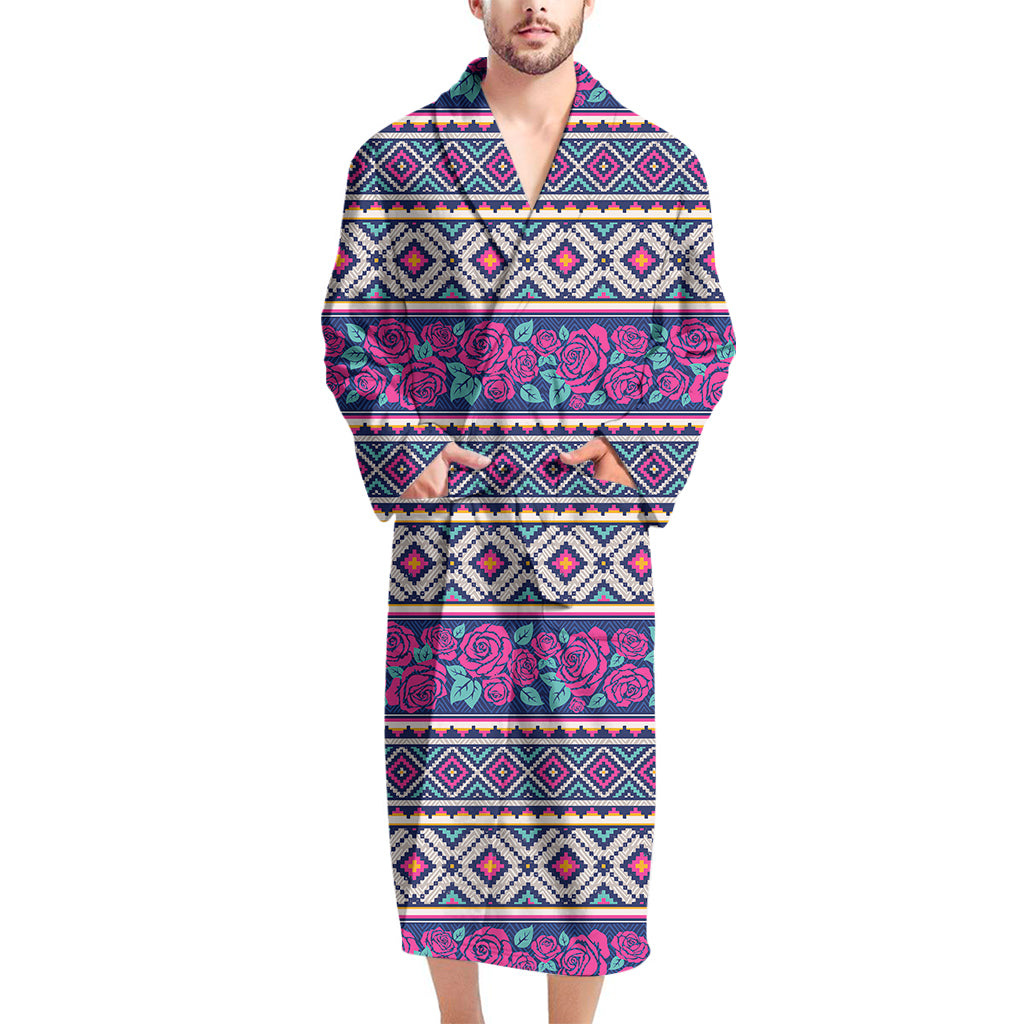 Native Tribal Ethnic Rose Pattern Print Men's Bathrobe