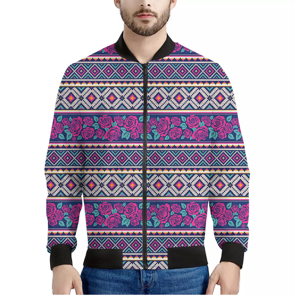 Native Tribal Ethnic Rose Pattern Print Men's Bomber Jacket