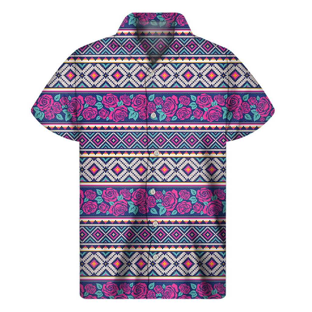 Native Tribal Ethnic Rose Pattern Print Men's Short Sleeve Shirt