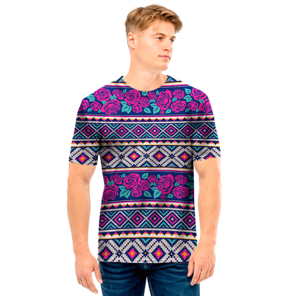 Native Tribal Ethnic Rose Pattern Print Men's T-Shirt