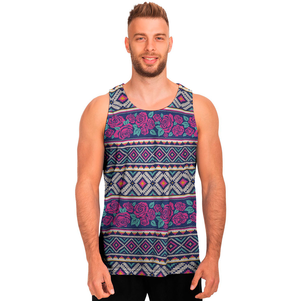 Native Tribal Ethnic Rose Pattern Print Men's Tank Top