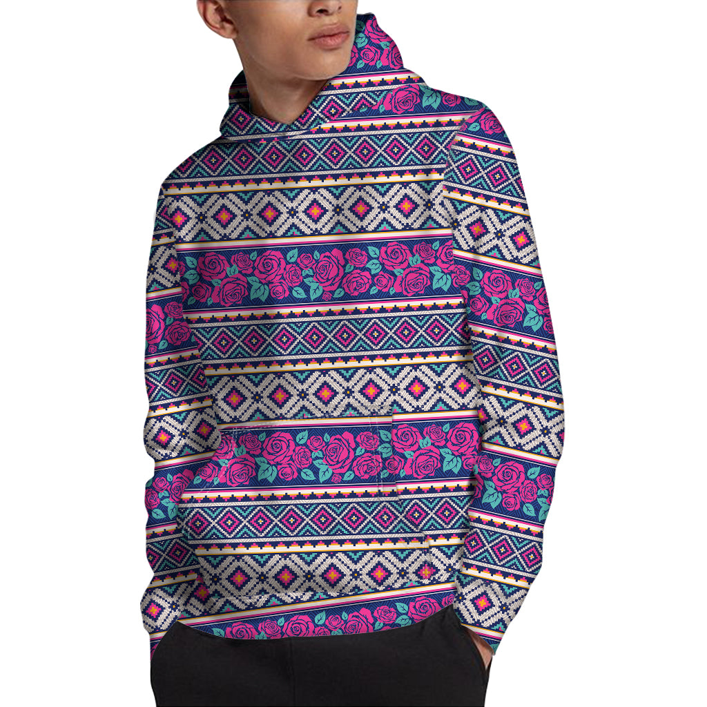 Native Tribal Ethnic Rose Pattern Print Pullover Hoodie