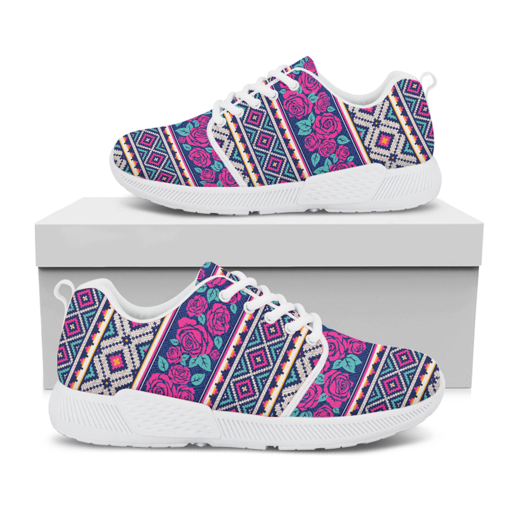 Native Tribal Ethnic Rose Pattern Print White Athletic Shoes