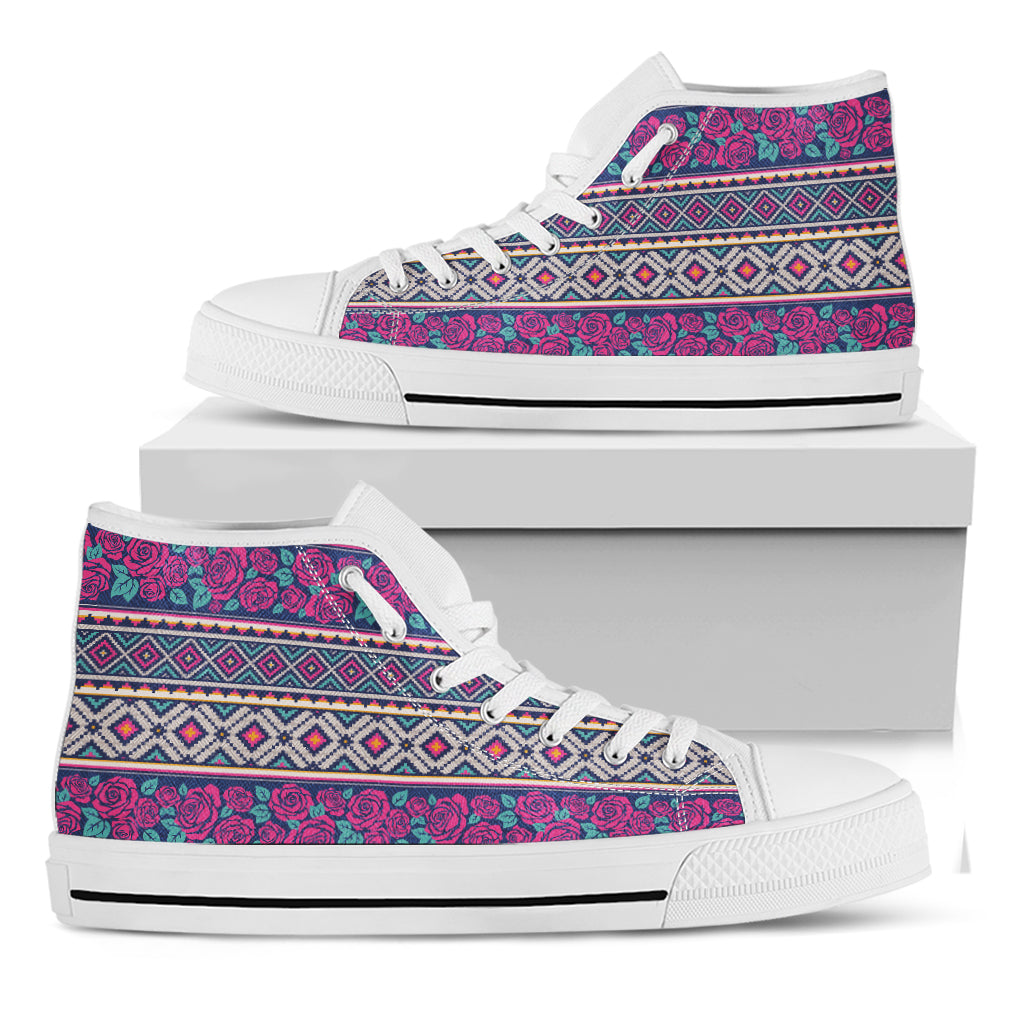 Native Tribal Ethnic Rose Pattern Print White High Top Shoes