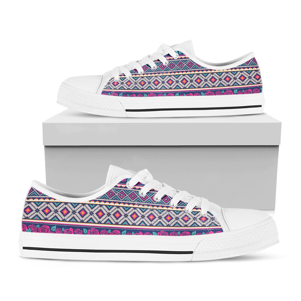 Native Tribal Ethnic Rose Pattern Print White Low Top Shoes