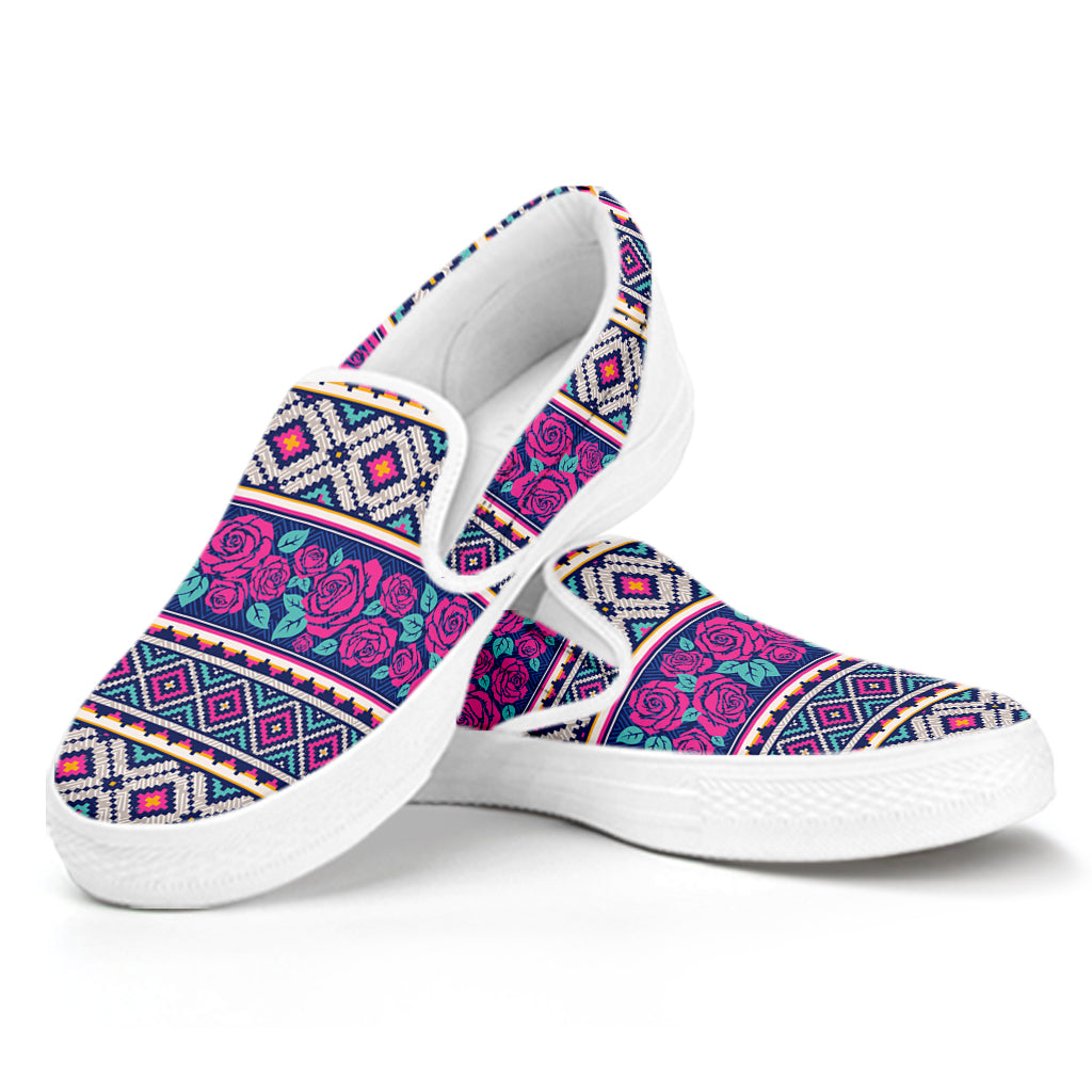 Native Tribal Ethnic Rose Pattern Print White Slip On Shoes