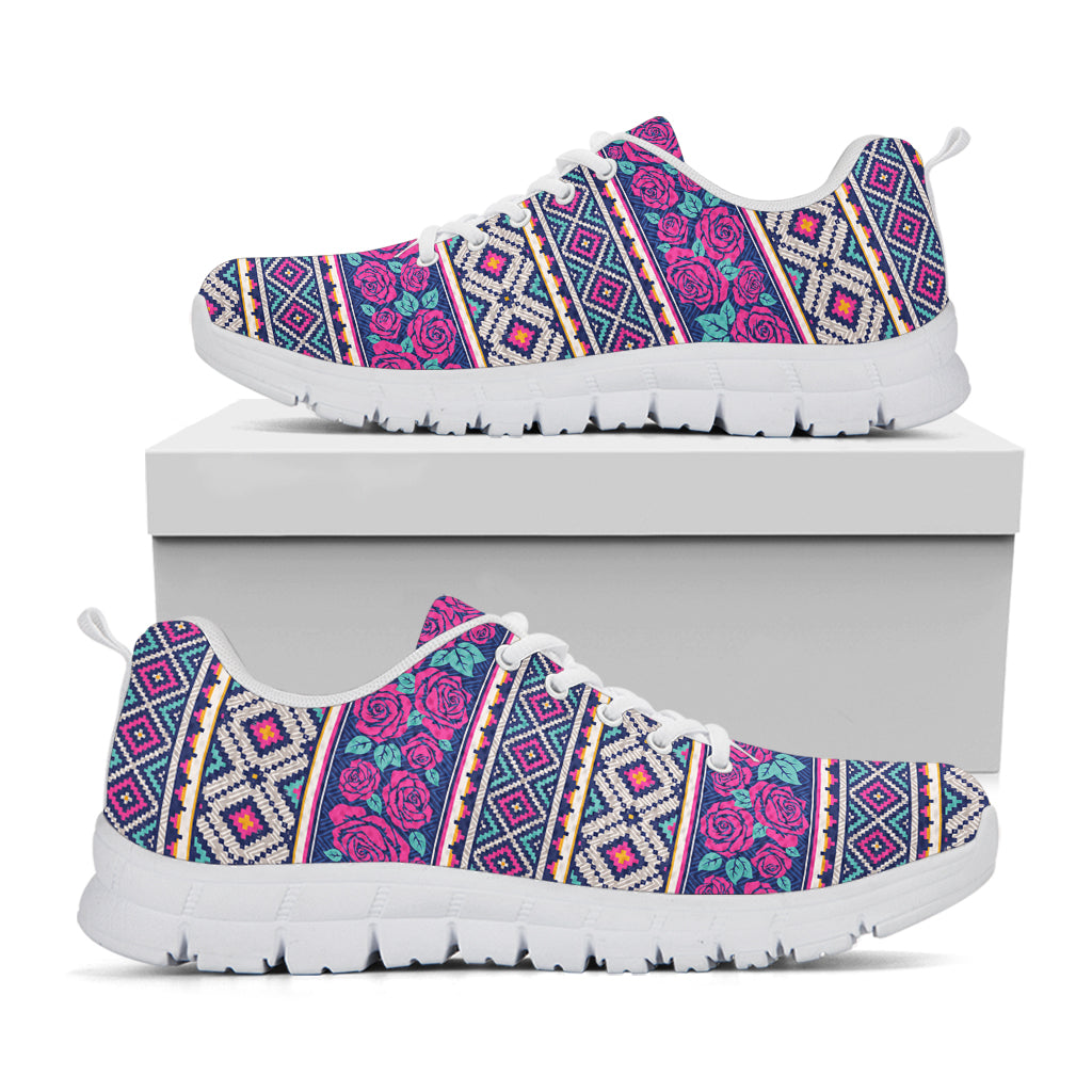 Native Tribal Ethnic Rose Pattern Print White Sneakers