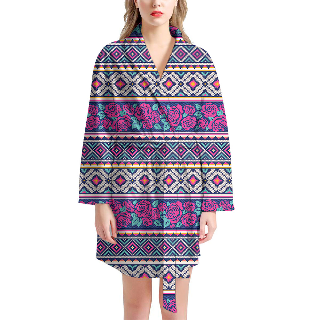 Native Tribal Ethnic Rose Pattern Print Women's Bathrobe