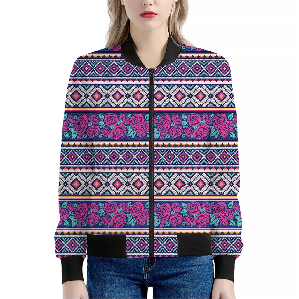 Native Tribal Ethnic Rose Pattern Print Women's Bomber Jacket