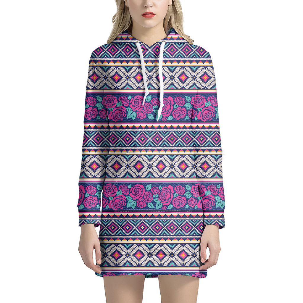 Native Tribal Ethnic Rose Pattern Print Women's Pullover Hoodie Dress