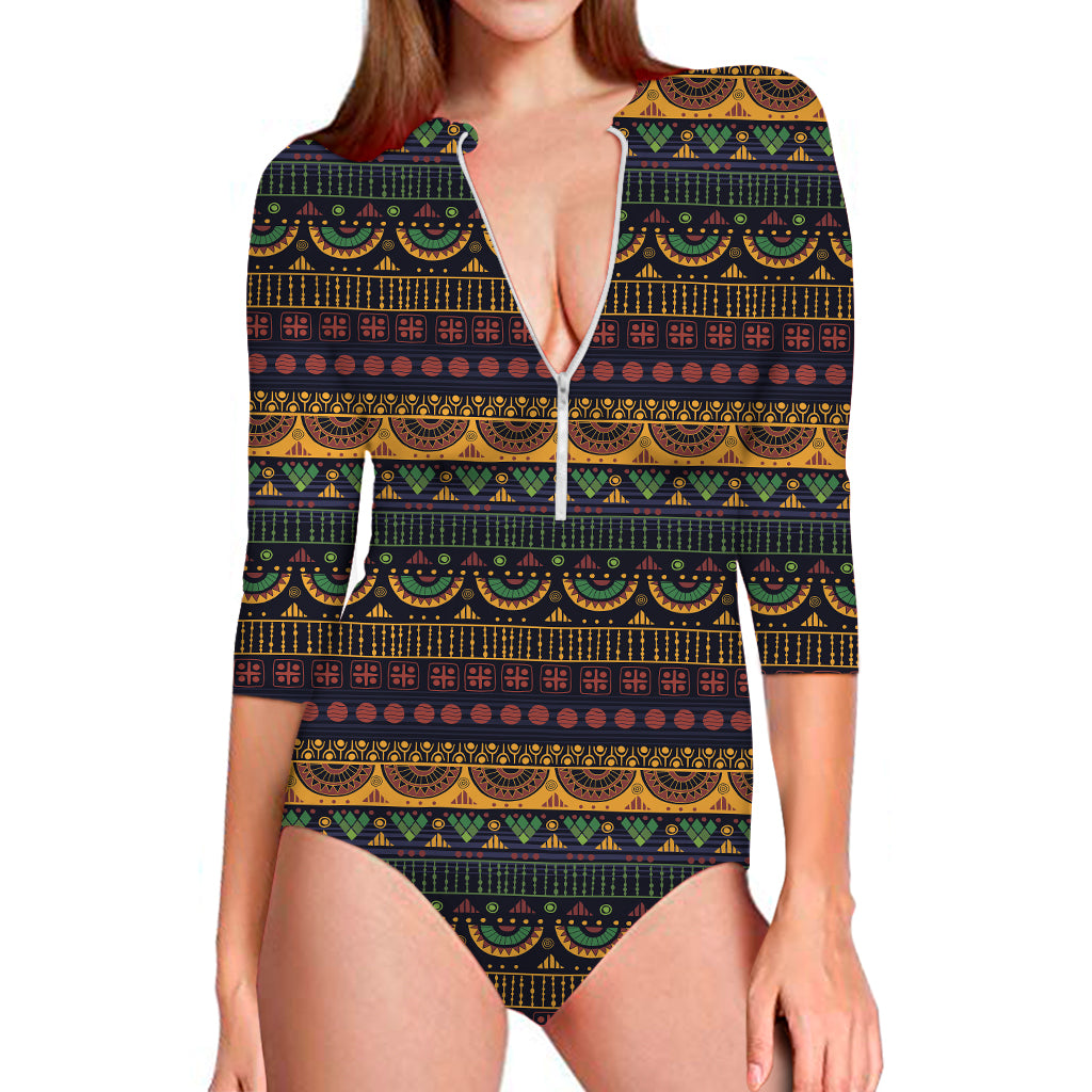 Native Tribal Indian Pattern Print Long Sleeve One Piece Swimsuit