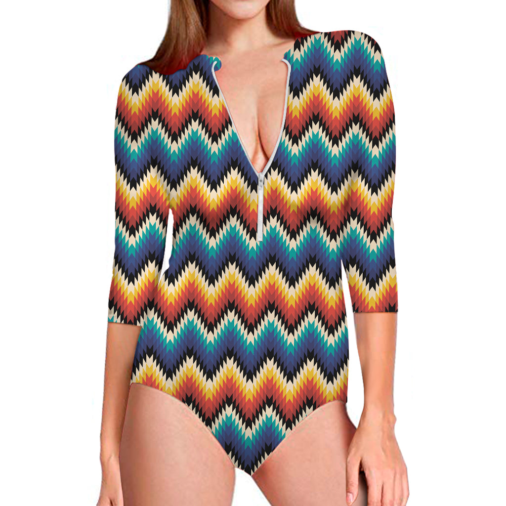 Native Tribal Inspired Pattern Print Long Sleeve One Piece Swimsuit