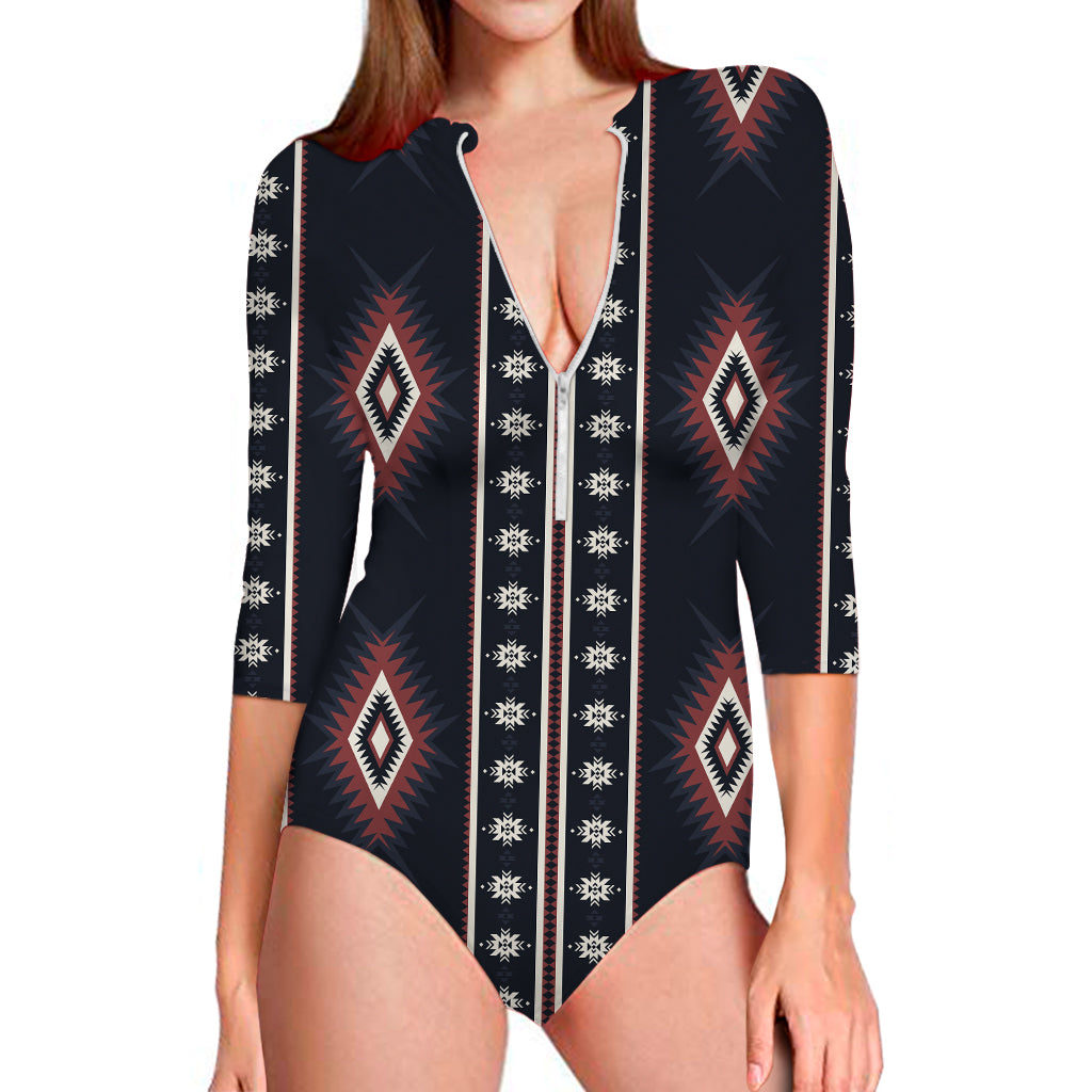 Native Tribal Navajo Pattern Print Long Sleeve One Piece Swimsuit