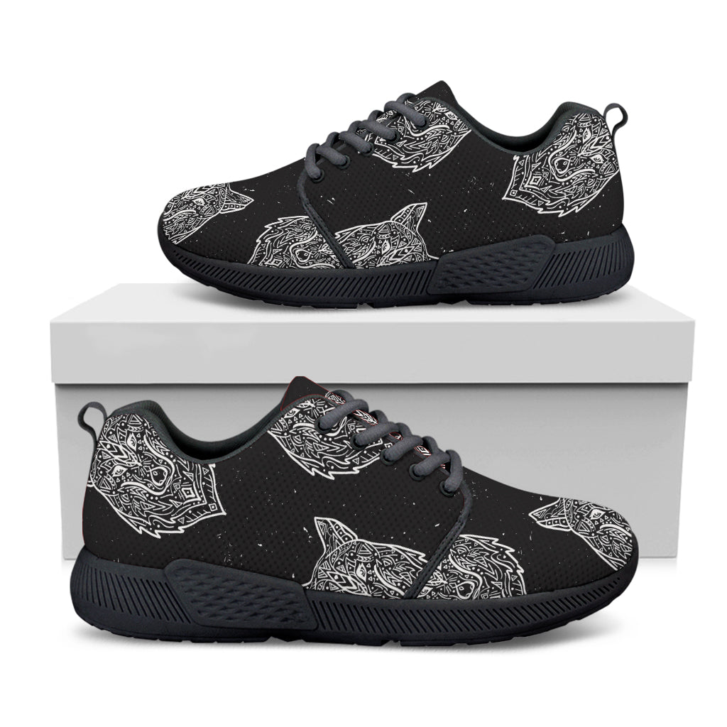 Native Tribal Wolf Pattern Print Black Athletic Shoes