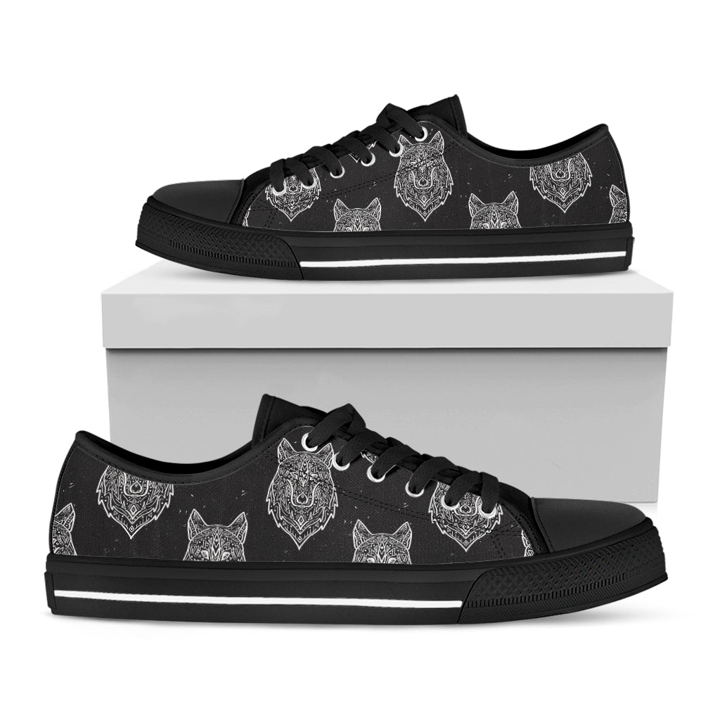 Native Tribal Wolf Pattern Print Black Low Top Shoes