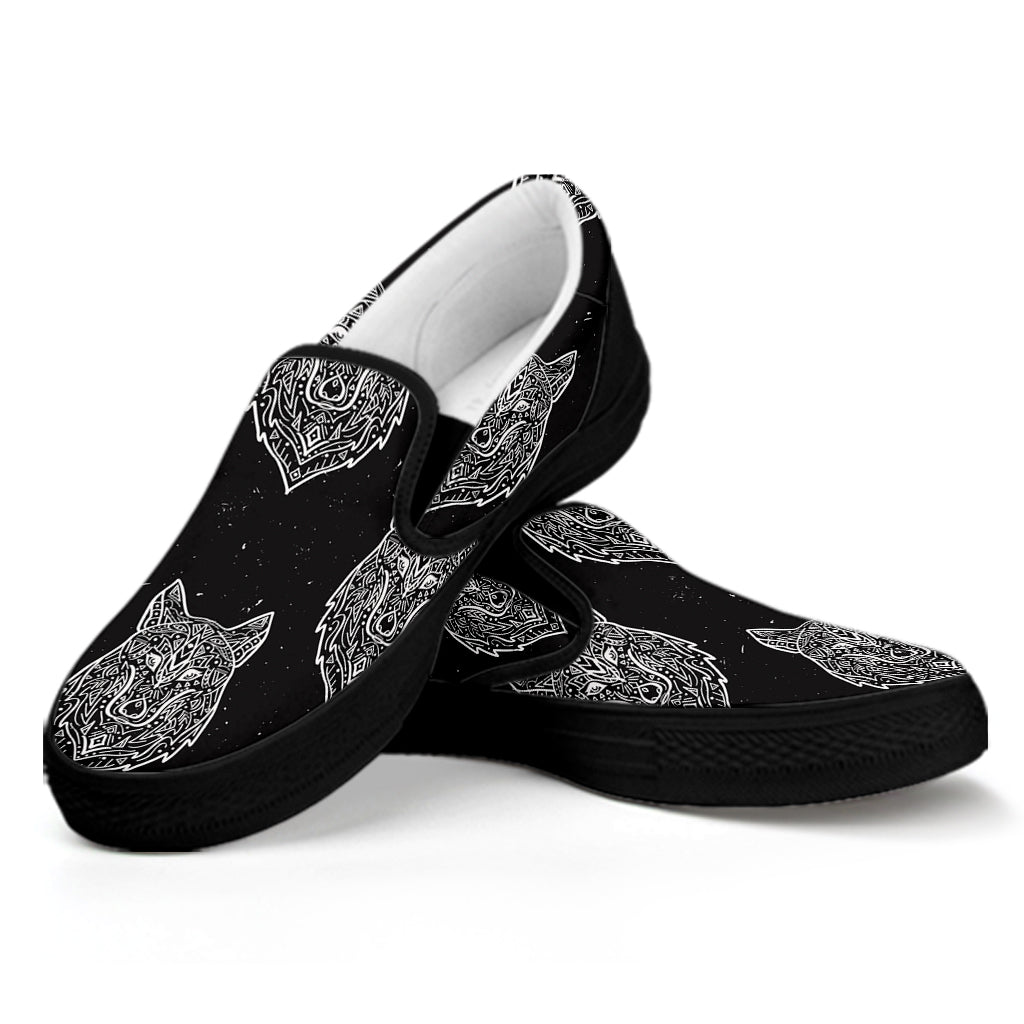 Native Tribal Wolf Pattern Print Black Slip On Shoes