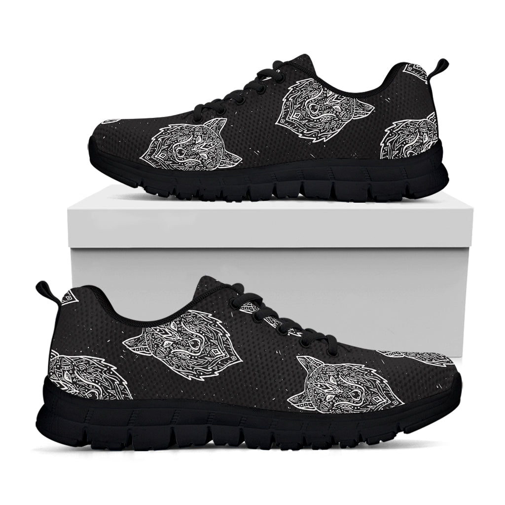 Native Tribal Wolf Pattern Print Black Sneakers