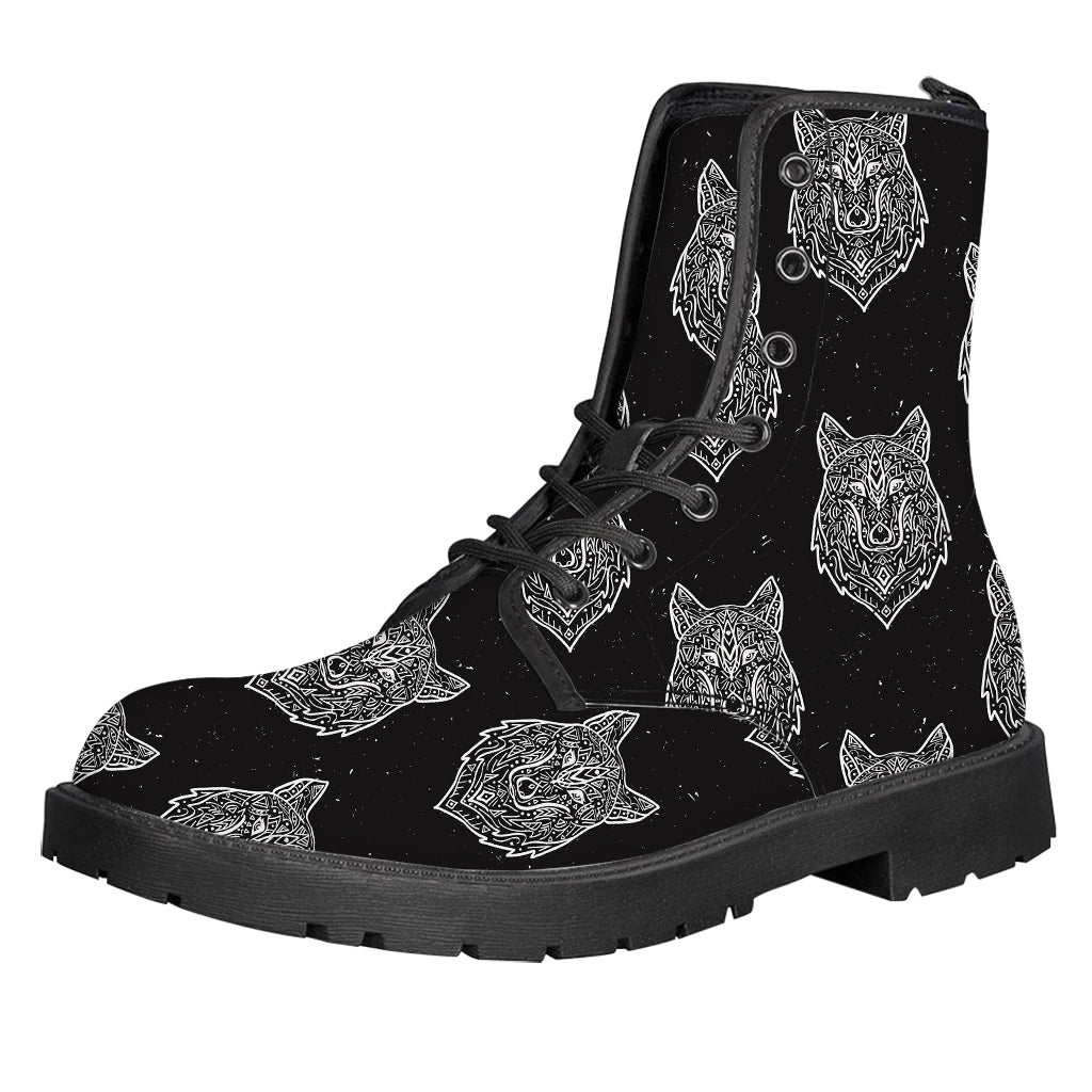 Native Tribal Wolf Pattern Print Leather Boots