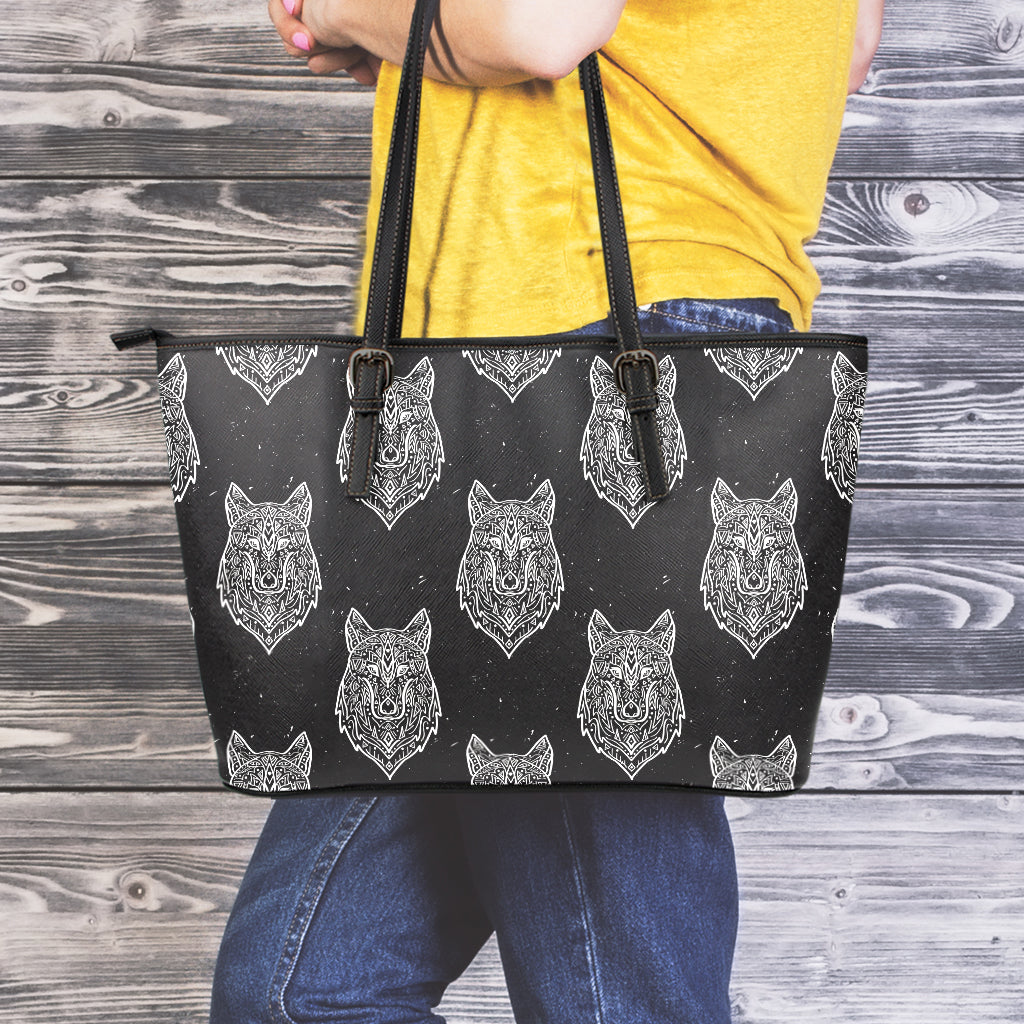 Native Tribal Wolf Pattern Print Leather Tote Bag