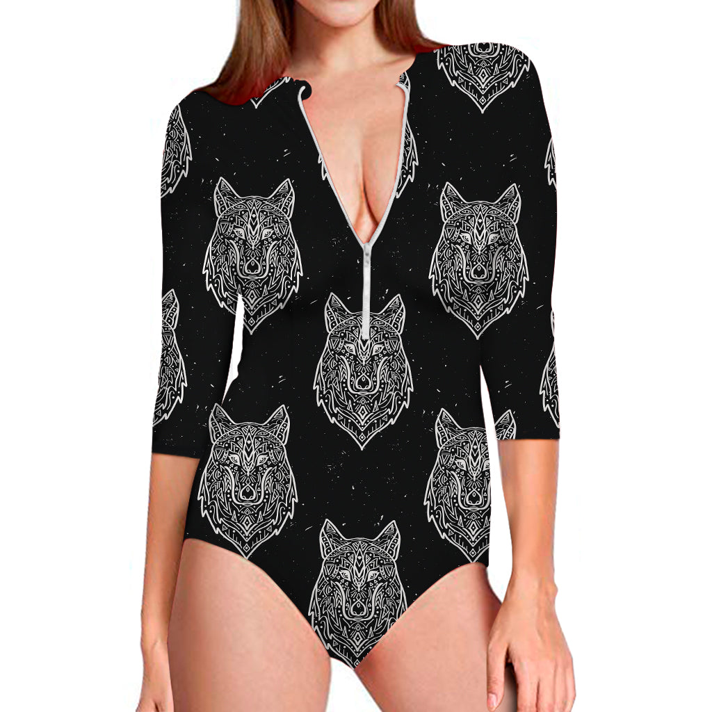 Native Tribal Wolf Pattern Print Long Sleeve One Piece Swimsuit