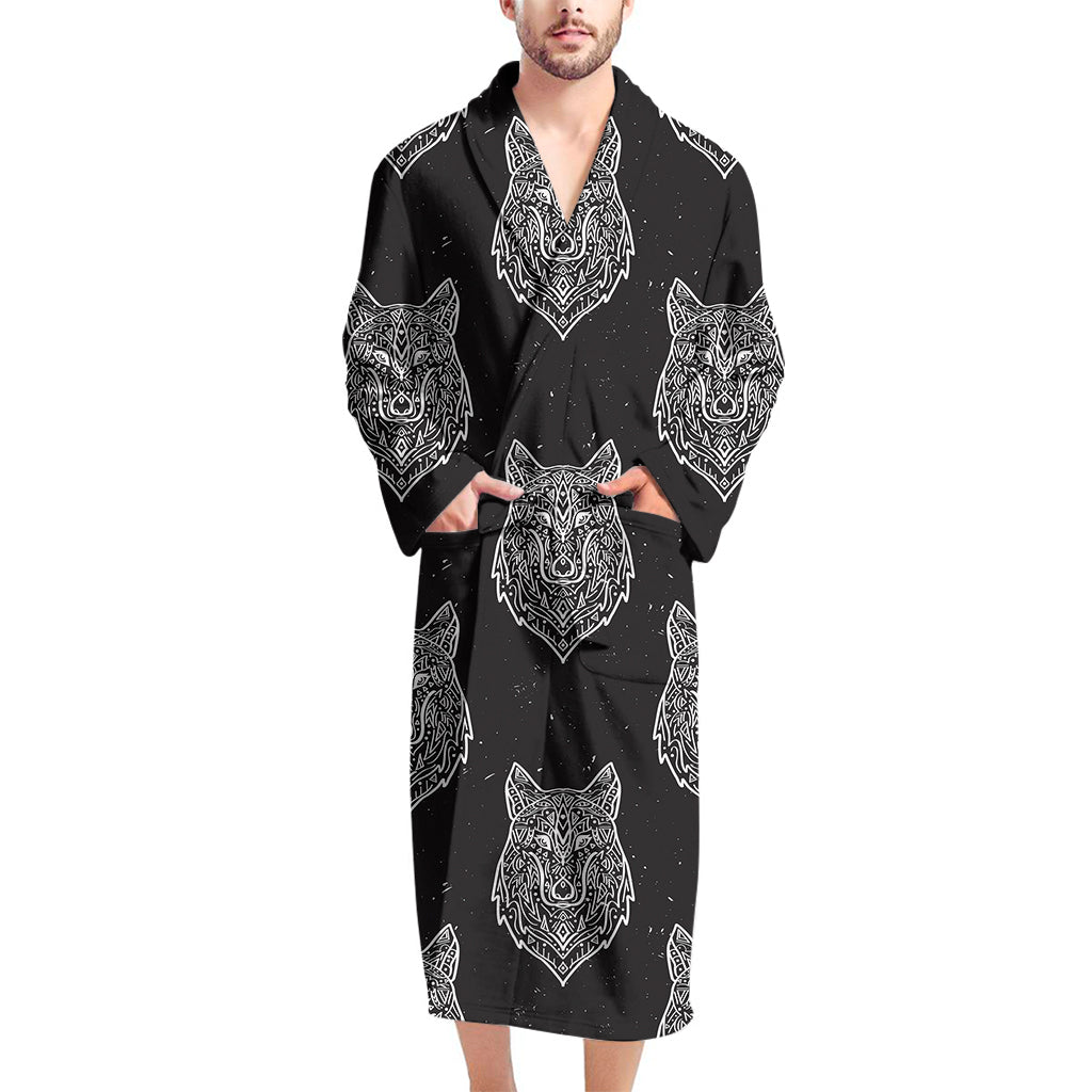 Native Tribal Wolf Pattern Print Men's Bathrobe