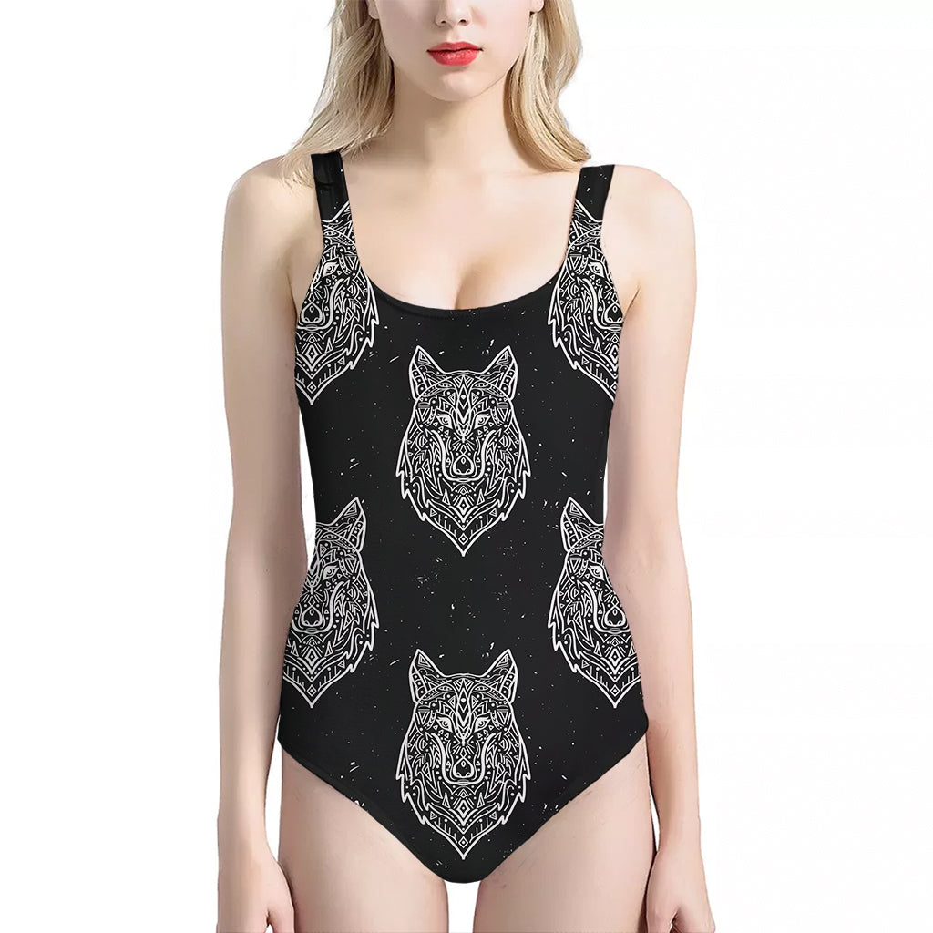 Native Tribal Wolf Pattern Print One Piece Halter Neck Swimsuit