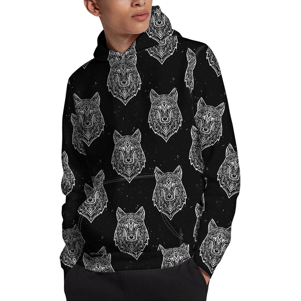 Native Tribal Wolf Pattern Print Pullover Hoodie