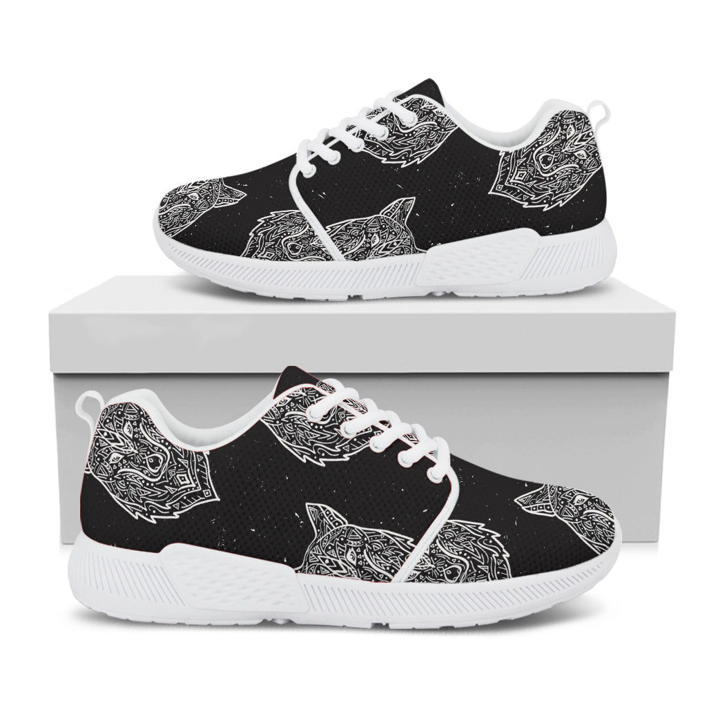 Native Tribal Wolf Pattern Print White Athletic Shoes