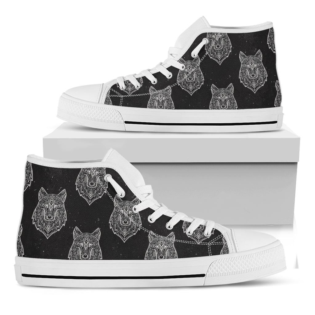 Native Tribal Wolf Pattern Print White High Top Shoes