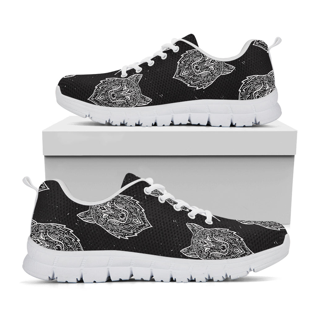 Native Tribal Wolf Pattern Print White Sneakers