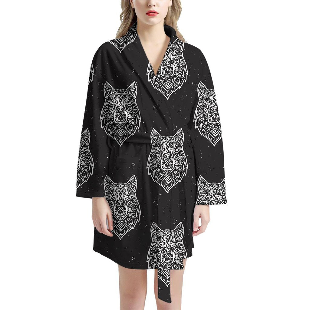 Native Tribal Wolf Pattern Print Women's Bathrobe