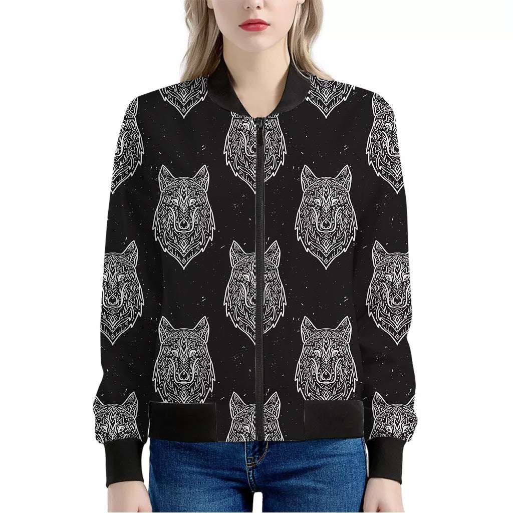 Native Tribal Wolf Pattern Print Women's Bomber Jacket