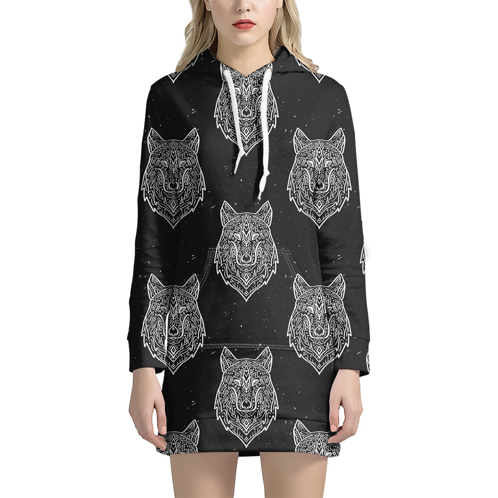 Native Tribal Wolf Pattern Print Women's Pullover Hoodie Dress