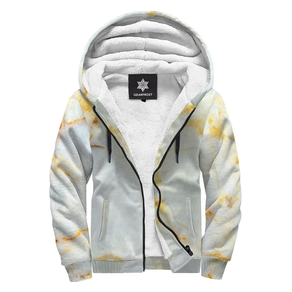 Natural Gold Marble Print Sherpa Lined Fleece Hoodie