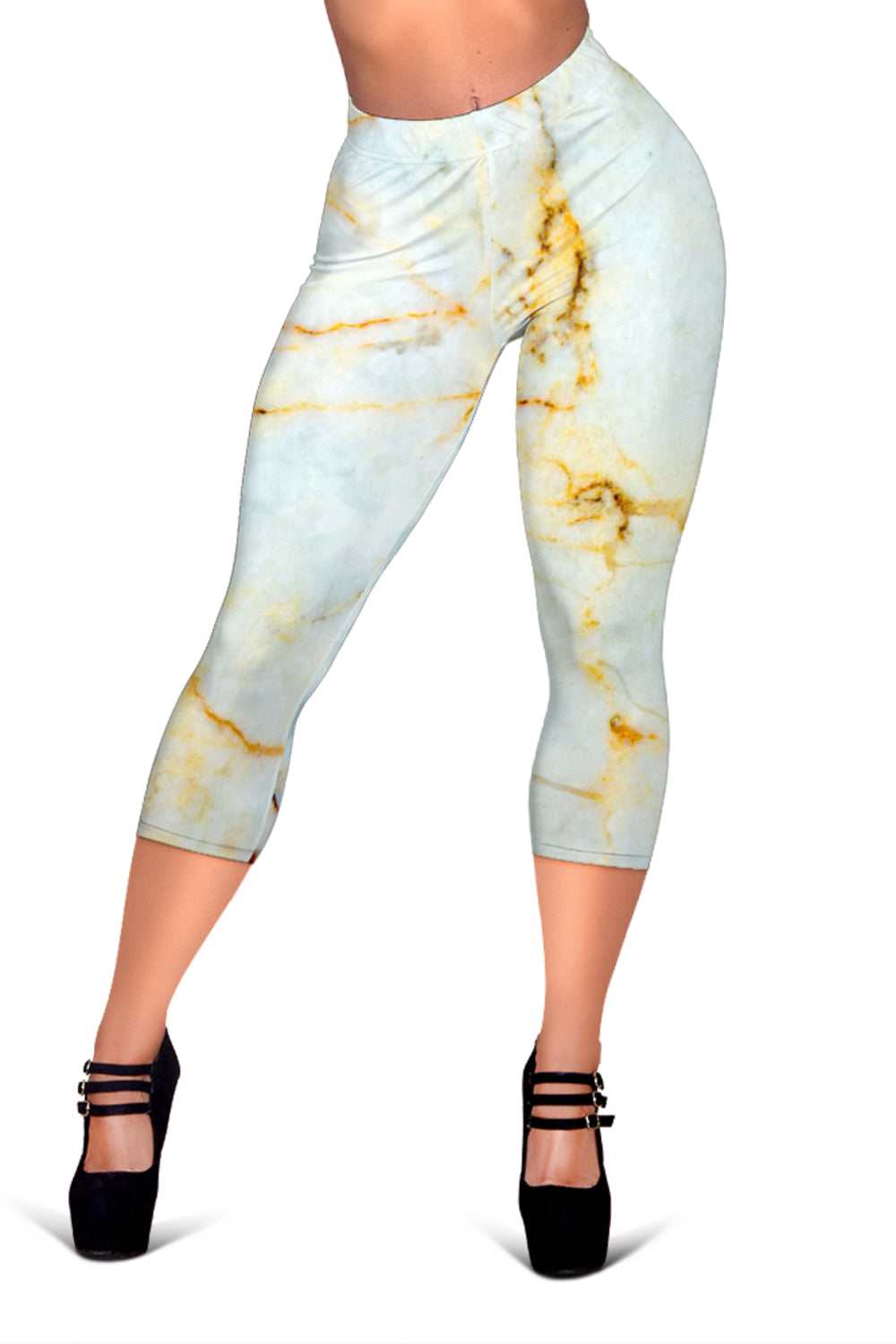 Natural Gold Marble Print Women's Capri Leggings