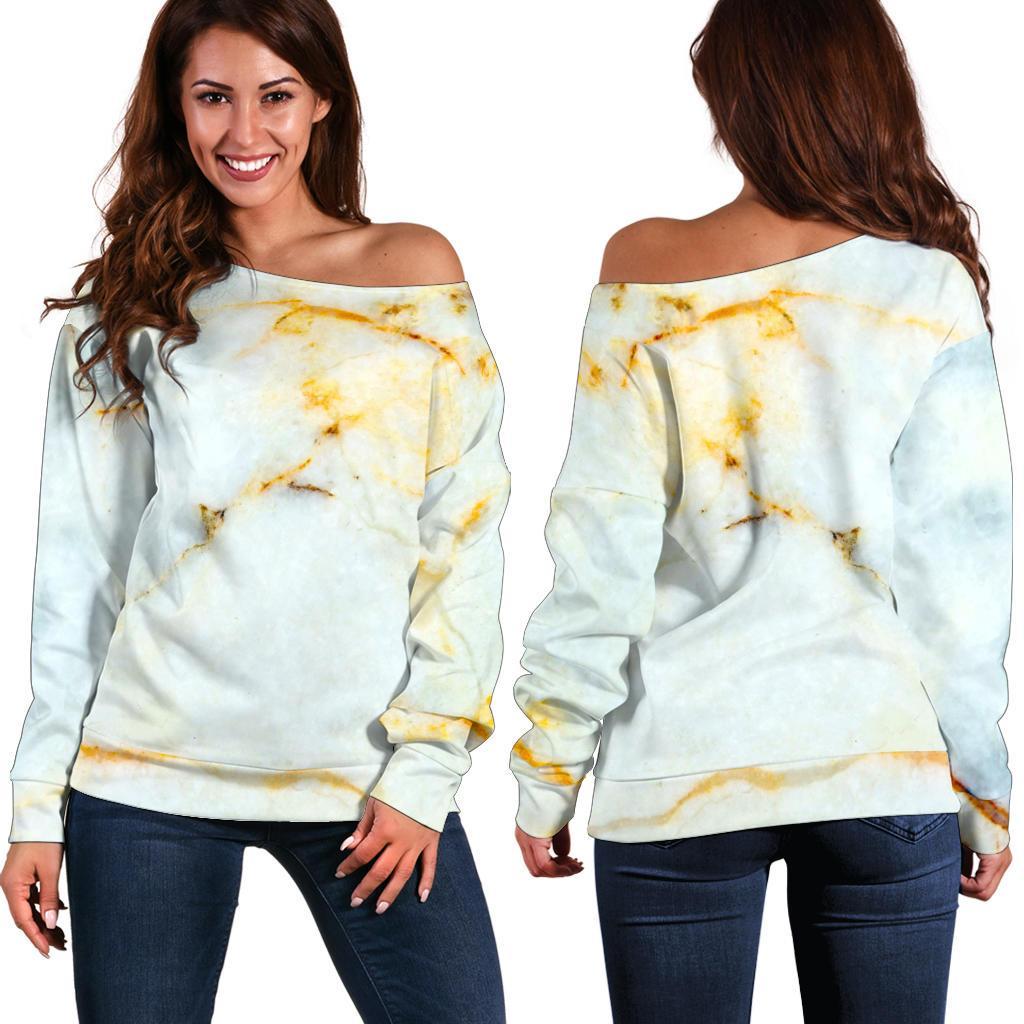 Natural Gold Marble Print Women's Off-Shoulder Sweatshirt