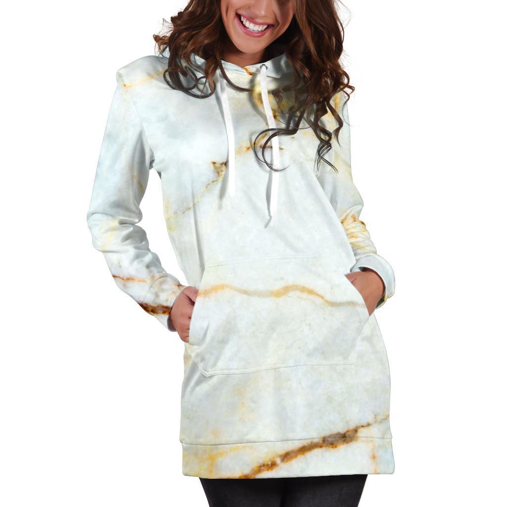 Natural Gold Marble Print Women's Pullover Hoodie Dress