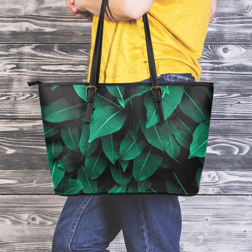 Natural Green Leaf Print Leather Tote Bag