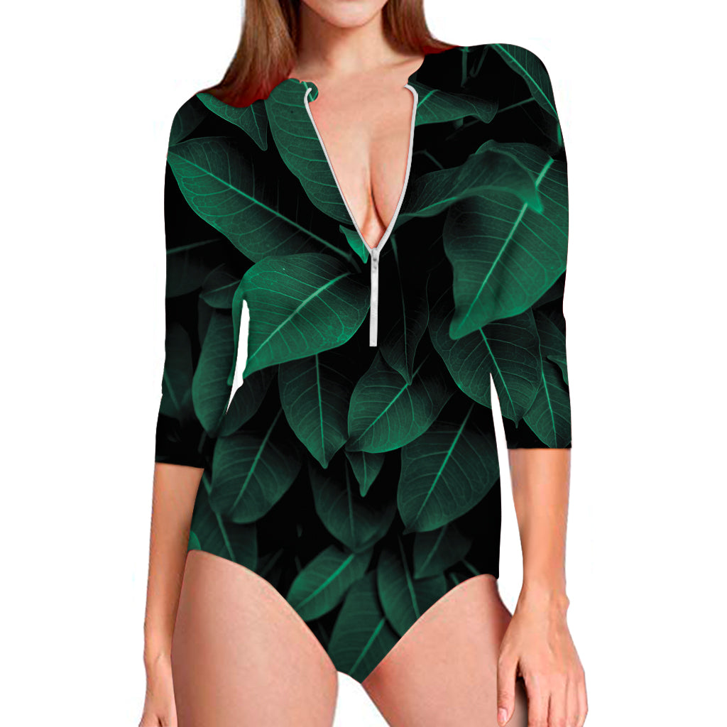 Natural Green Leaf Print Long Sleeve One Piece Swimsuit