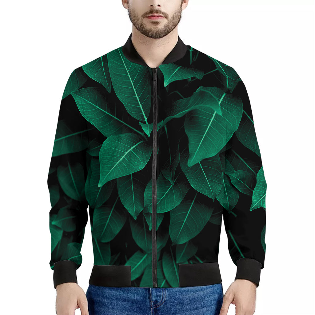 Natural Green Leaf Print Men's Bomber Jacket