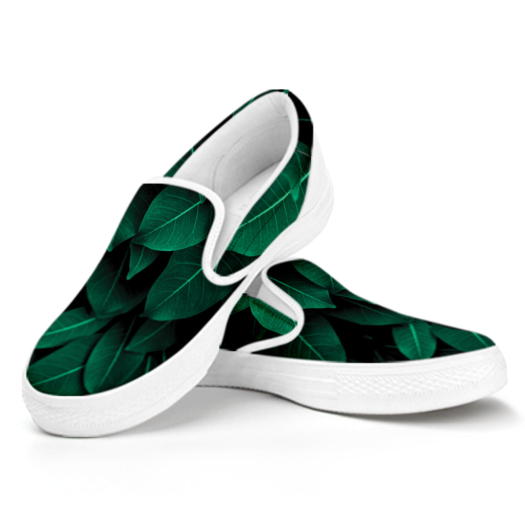 Natural Green Leaf Print White Slip On Shoes