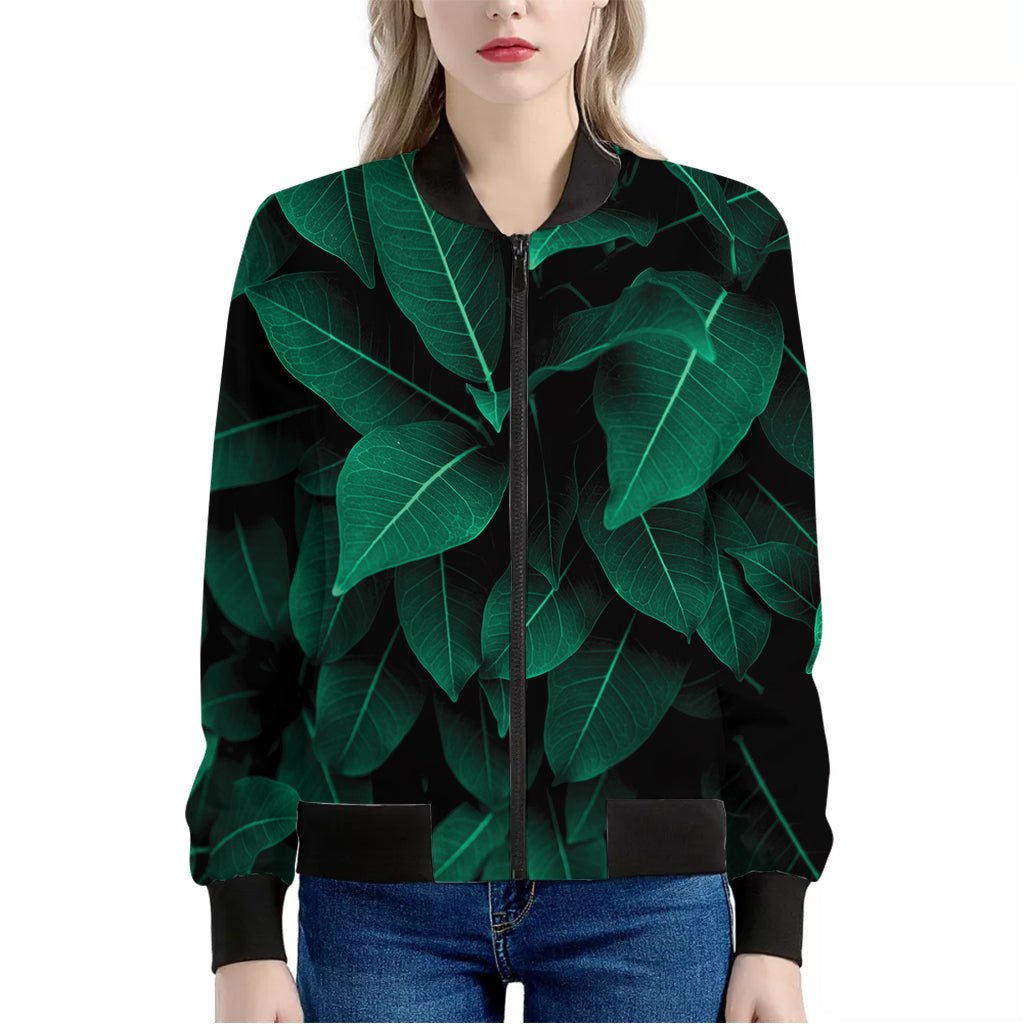 Natural Green Leaf Print Women's Bomber Jacket