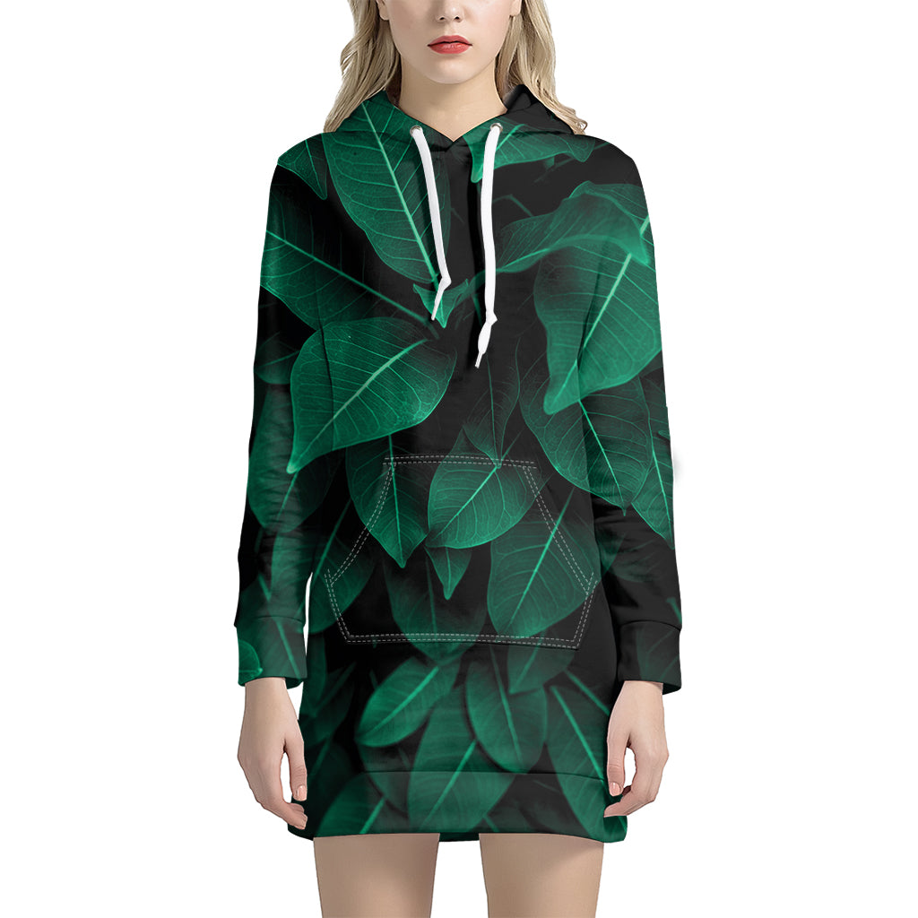 Natural Green Leaf Print Women's Pullover Hoodie Dress