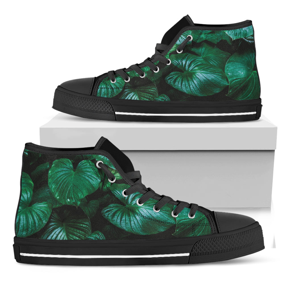 Natural Tropical Leaf Print Black High Top Shoes