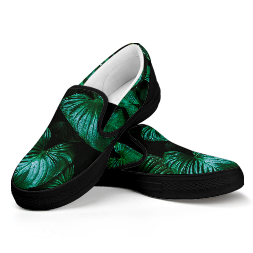 Natural Tropical Leaf Print Black Slip On Shoes